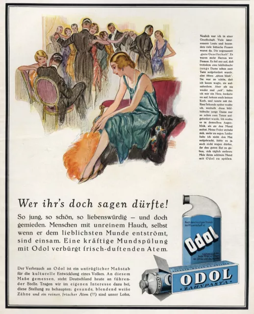 Odol Mundwasser XL Reklame 1927 Zahnpasta Mundgeruch Werbung Tanz Ball einsam ad