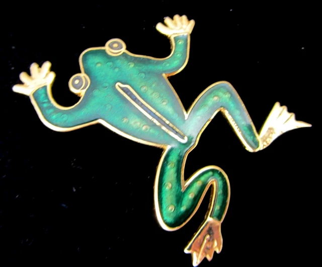 Vintage Cloisonne Frog Brooch Pin Gold Tone Metal & Enamel