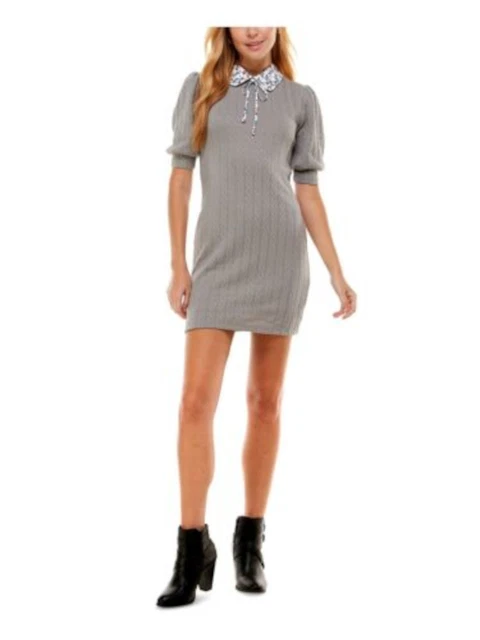 KINGSTON GREY Womens Gray Tie  Pouf Sleeve Mini Sheath Dress Juniors M