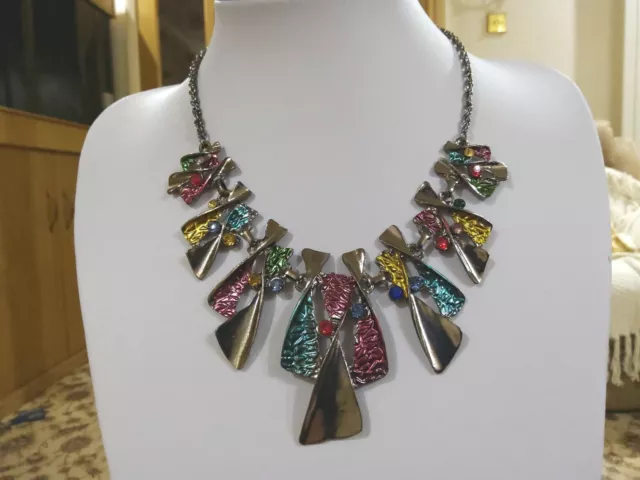 Brand new antique look necklace with multicoloured enameled sections