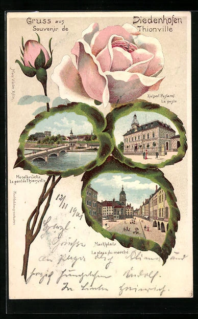 CPA Diedenhofen, Moselbrücke, Kaiserliches Postamt et la place du Marché in den