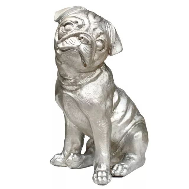 Silver Pug Sculpture Sitting Dog Puppy Statue Garden ornament Home Décor figures