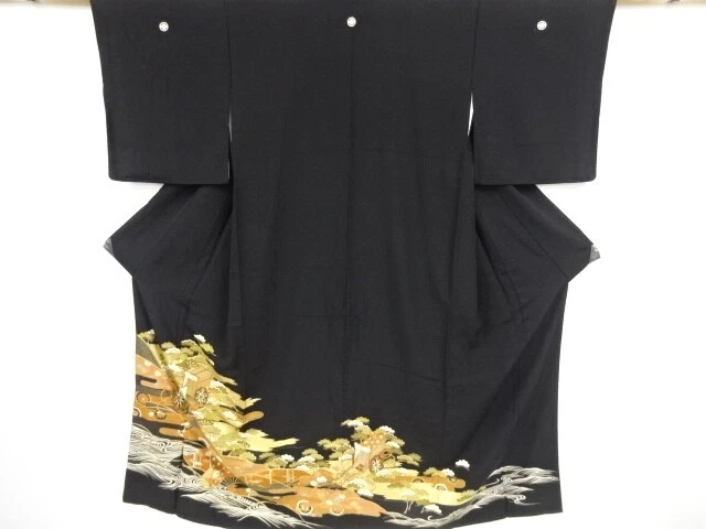 36823# Japanese Kimono / Antique Tomesode / Kinsai / Carriage & Pine Tree