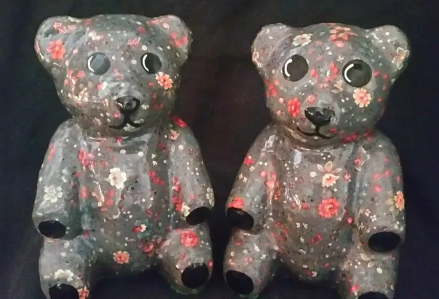 Vintage Decoupage Painted Bears Pair (2) Gray Flower Pattern Animal Teddy Style