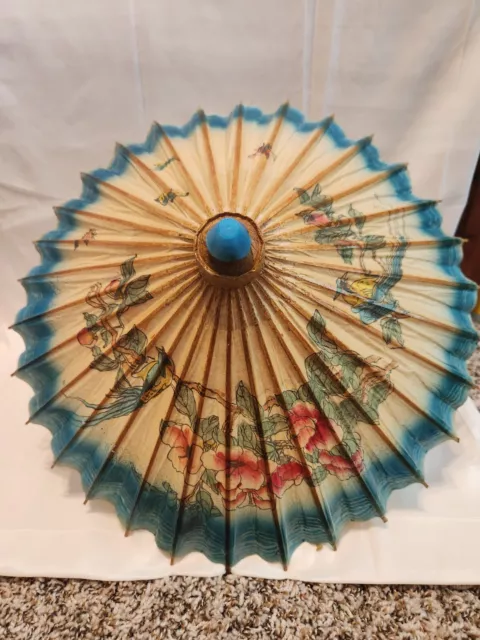 Vintage Handmade Japanese Bamboo And Rice Paper Umbrella, And Chinese Hand Fan