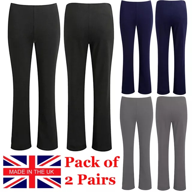 2 PACK WOMENS Bootleg Trousers Stretch Ladies Soft Ribbed Pull On