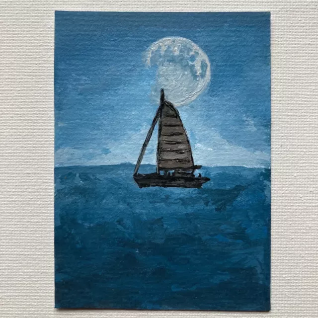 ACEO ORIGINAL PAINTING. Miniature Art Card 2.5x3.5'' Ooak Shipping Boat At Night