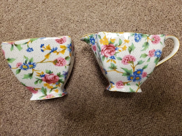 Vintage English Royal Winton Old Cottage Cream & Sugar Dish Chintz Floral NICE