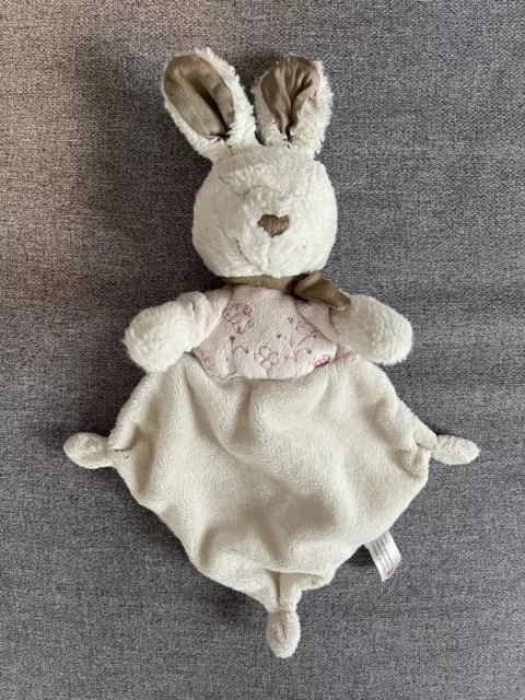 0/Doudou plat lapin NICOTOY blanc losange bandana Rose  et oreilles marron 34 cm