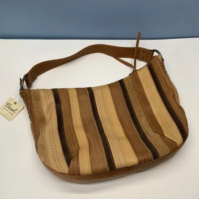 New Fossil MISCHA Patchwork Stripe Leather Hobo Bag Purse 14x10" MSRP $108