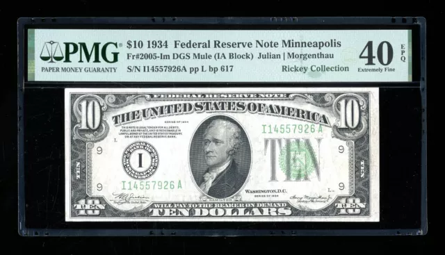 DBR 1934 $10 DGS FRN Minneapolis Mule Fr. 2005-Idgsm PMG 40 EPQ Ser # I14557926A