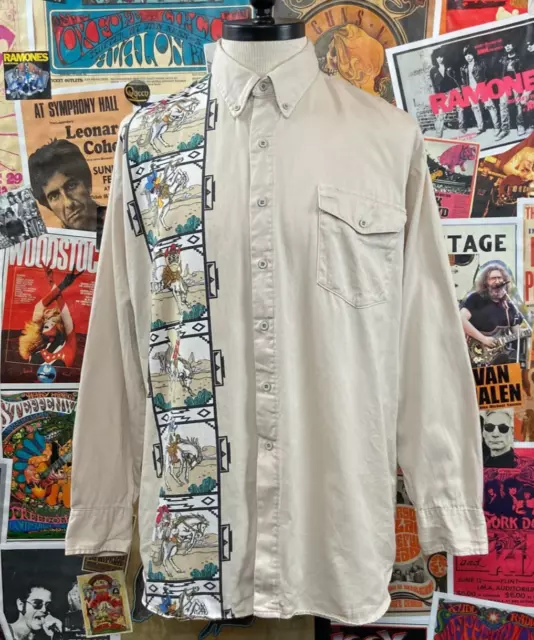 Vintage Mens 90s Khaki Looney Tunes Cartoon Karman Western Cowboy Shirt XL