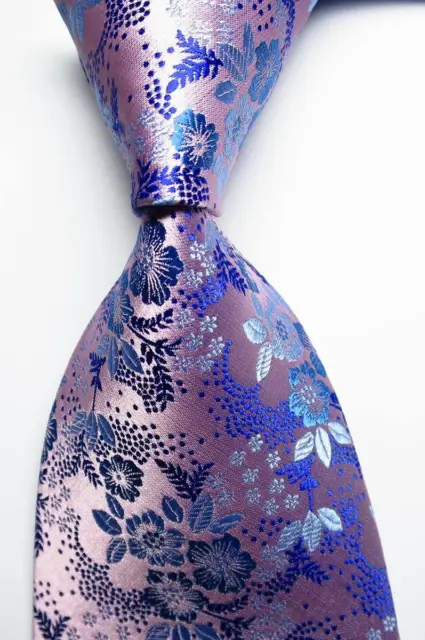 New Classic Floral Pink Blue JACQUARD WOVEN 100% Silk Men's Tie Necktie