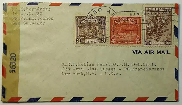 1944 WWII Censored Airmail Cover San Salvador El Salvador to New York NY