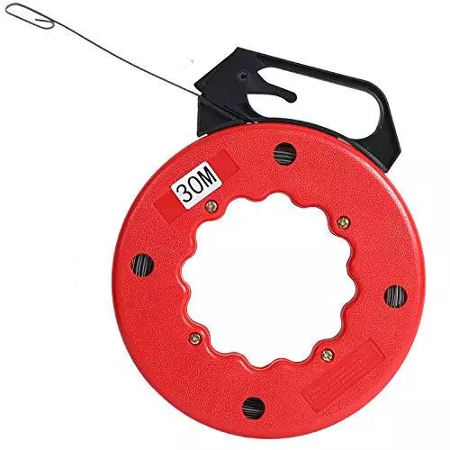 100 Feet Steel Fish Tape in Red Plastic Housing Retractable Wire Fish Tape Re...