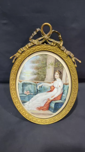 Antique Large Miniature Portrait of a Lady with Bronze Frame, Signed