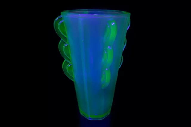 Sowerby Art Deco octagonal vase with Uranium glass handles. Pattern no 2597.