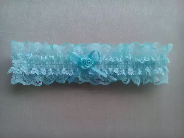 Wedding Garter Bride Bridal - Pale Blue Lace - Blue Rosette - Something Blue