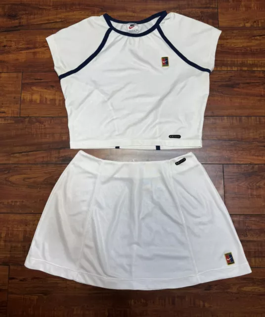 Vintage Nike Women 2-Piece Tennis Outfit Skirt Shirt White Size M 8-10 Small