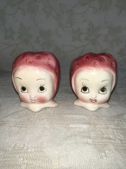 Vintage Anthropomorphic STRAWBERRY head Girls Salt & Pepper Shakers JAPAN