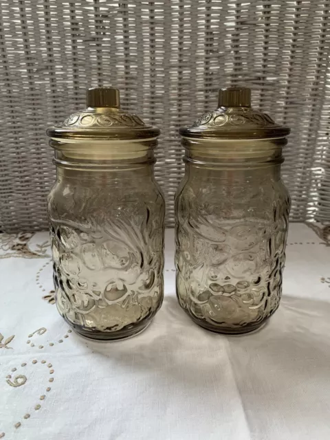 2 Vintage Brown Glass Kitchen Storage Jars With Lids Retro 70s