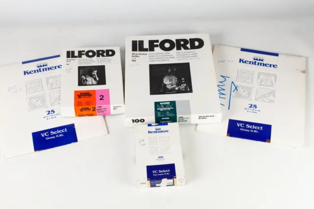 Lote mixto de papel fotográfico caducado Ilford + Kentmere en blanco y negro a 10x8. 165 hojas aprx