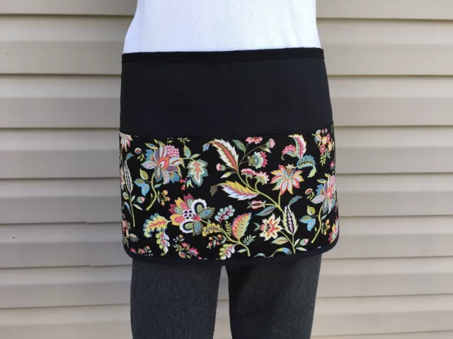 Cute  Spring Flowers server waitress Half waist apron 3 pocket restaurant Black