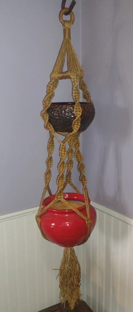 Anillos de madera vintage MACRAME doble colgador de plantas 51" flecos años 60 años 70 yute pesado