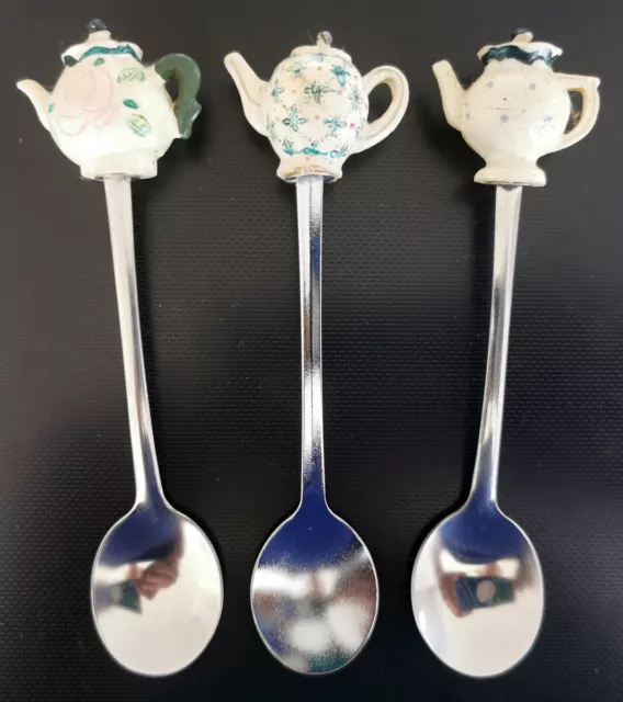 3 X Teapot Hand Painted Resin Souvenir Spoons Good Condition