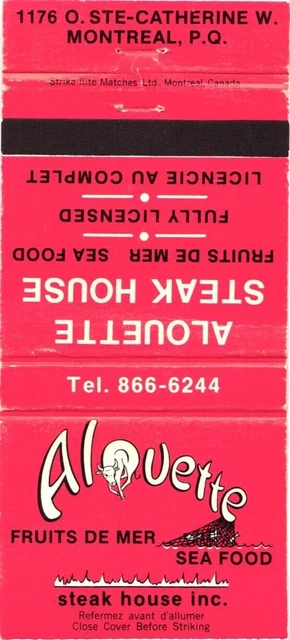 Montreal Quebec Canada Alouette Steak House Seafood Vintage Matchbook Cover
