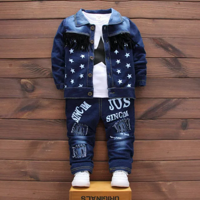 3PCS Baby Boys Dress Suit Coat/Plaids Shirt/Denim Pants Set Kids Clothes  Outfits 