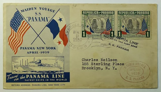 1939 Maiden Voyage S.S. Panama Panama to New York w/Panama Line Logo Envelope
