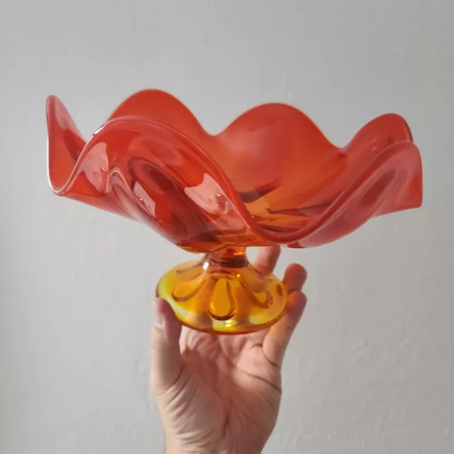 Vintage Viking Art Glass Orange Epic 6 Petal Compote Mid-Century