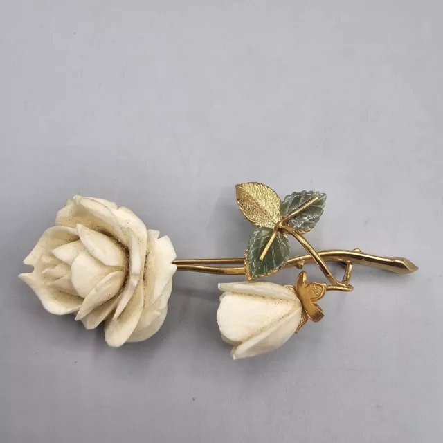 Vintage Wells 14k Gold Filled Brooch Pin White Rose Carved Resin Flower 3"