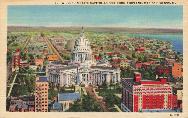 Aerial Airplane View State Capitol Building Postcard Madison Wi Wisconsin 1933