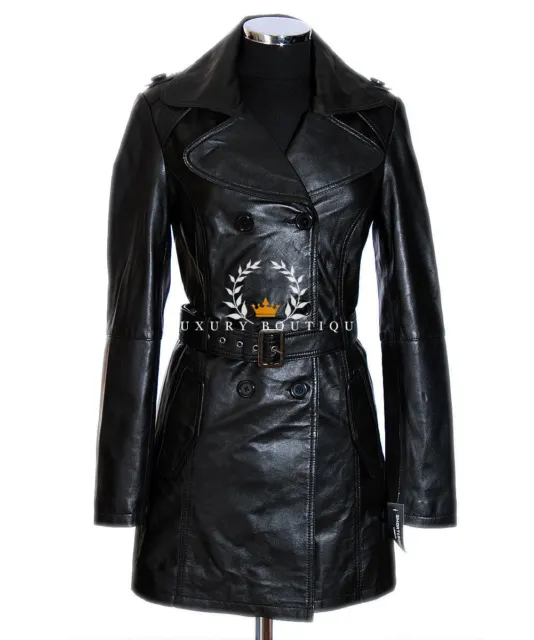 Christina Black Ladies Designer Knee Length Real Lambskin Leather Trench Coat