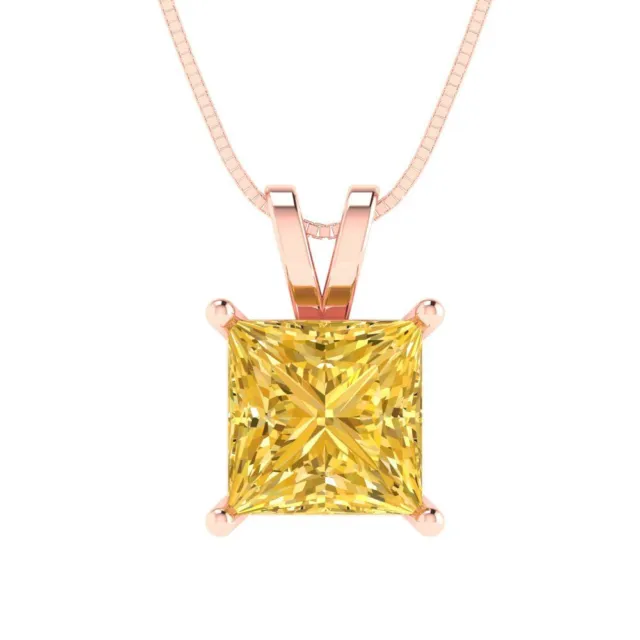 2ct Princess Cut VVS1 Yellow Simulated Pendant 18" chain Solid 14k Rose Gold