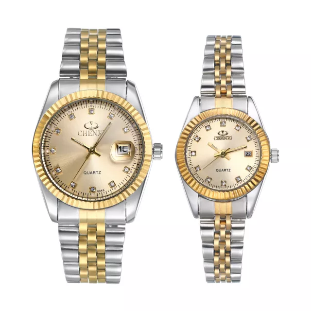 Men Women Luxury Rhinestone Date Waterproof Stainless Steel Couple Wrist Watches