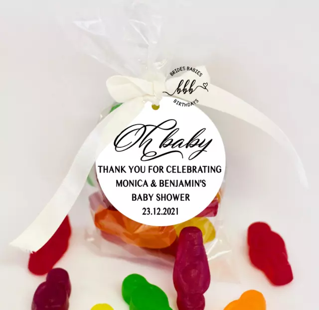 10 White Gift Tags Bomboniere Baby Shower Favour Personalised Thank You Oh Baby