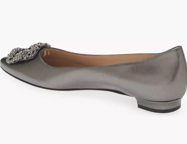 Manolo Blahnik Hangisi Crystal Buckle Pointy Toe Flat 7.5 US 37.5 EU Grey Sliver 3