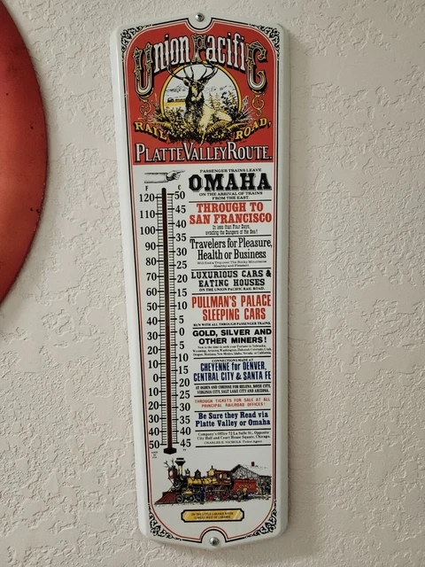 Vintage Union Pacific Railroad Platte Valley Route Metal Thermometer Wall Sign