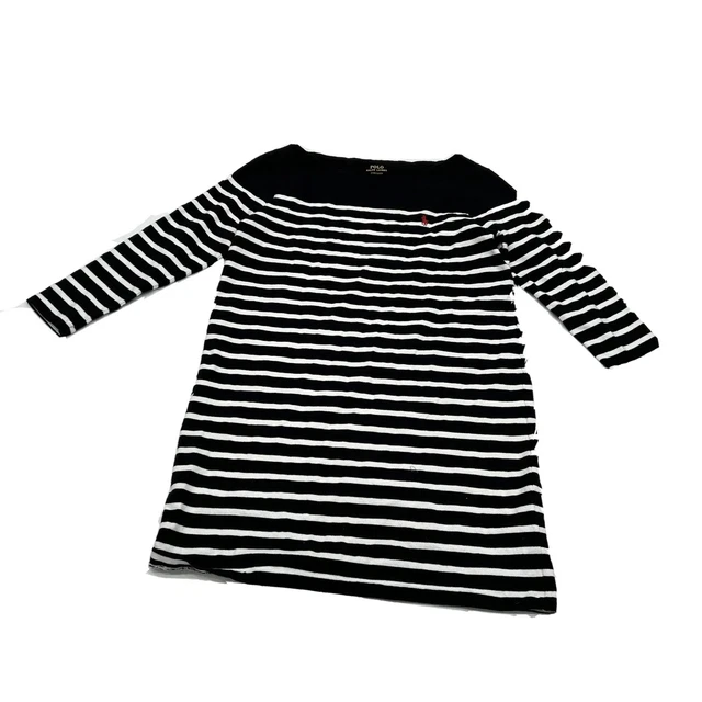 Ralph Lauren Womens Large Polo Shirt Dress Blue White Stripe Midi Logo Rugby