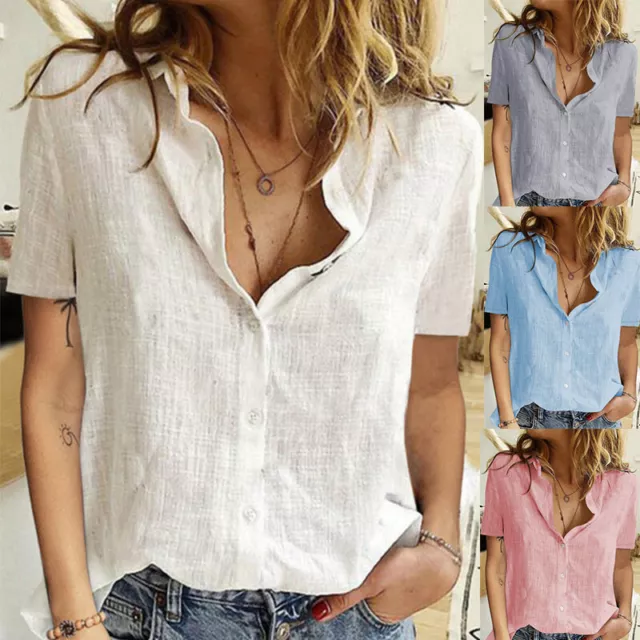 AU Summer Womens Short Sleeve Cotton Linen Blouse Tops Loose T Shirts Plus Size