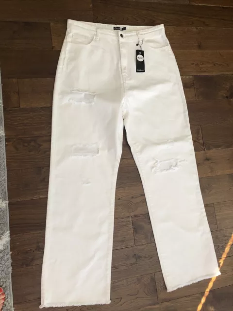 Boohoo Womens White Canvas Jeans Size 12 Distressed High Rise BNWT New