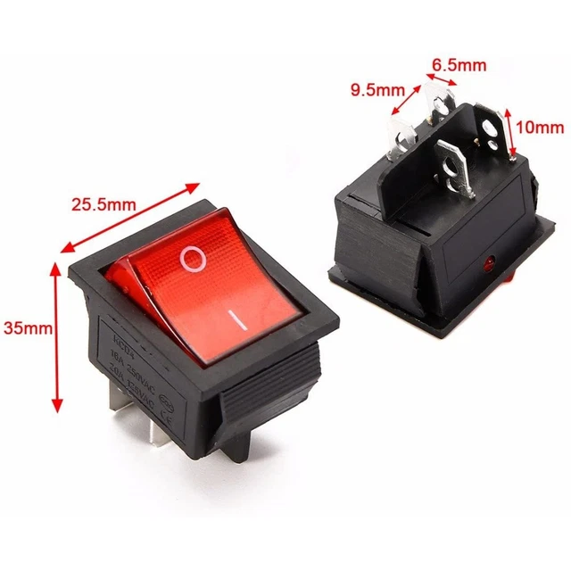 5 X RED ON-OFF 2 Position, Rectangular, Rocker Switch 4 Pins 16A/250V ...