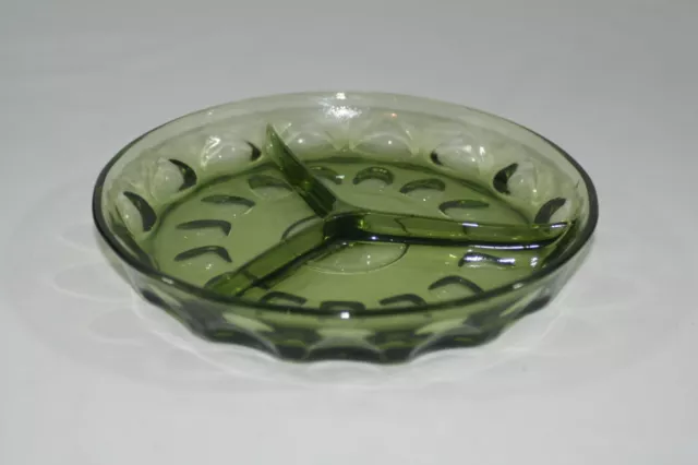 Vintage Green Glass Divided Round Thumbprint Relish Plate Candy Dish