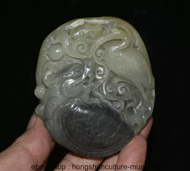 3.4 " Old Chinese Hetian Jade Carving Dragon turtle Crane Statue