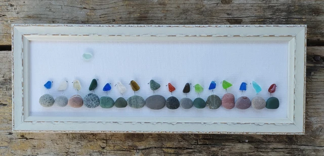 Birds sea glass picture, wall art birds, home decor, birds family, pebble art