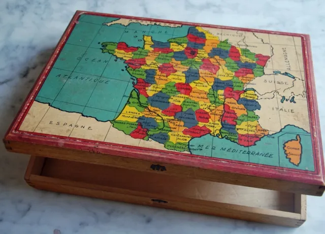Antique World Maps Wooden Cube Puzzle Blocks ~Child Geography Vintage French T0Y