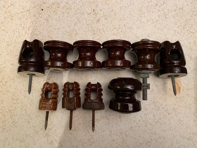 Lot Of 10 Vintage Glazed Brown Ceramic Porcelain Power Line Insulator Spool Mix